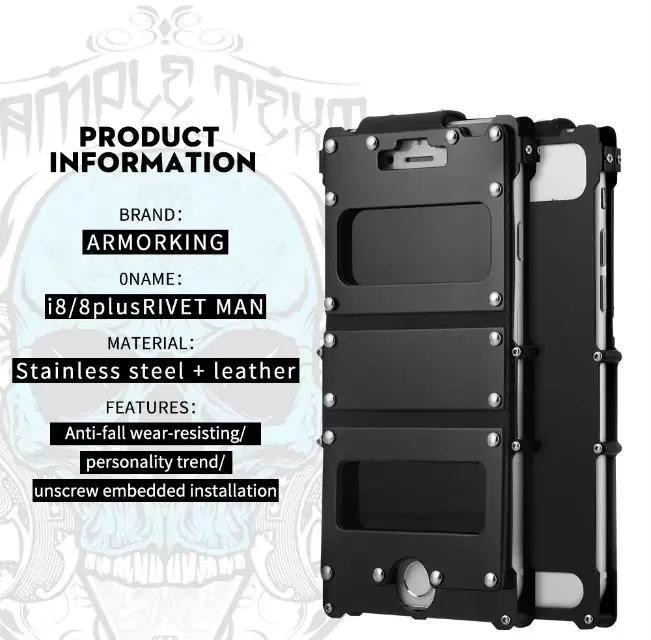 Case de Couro Proteção à Prova de Choque Case do Telefone Capa para Iphone Rebite Irman Inoxidável Graus Flip 8 & 7 Plus Aço 360 4 360 graus proteção à prova de choque
