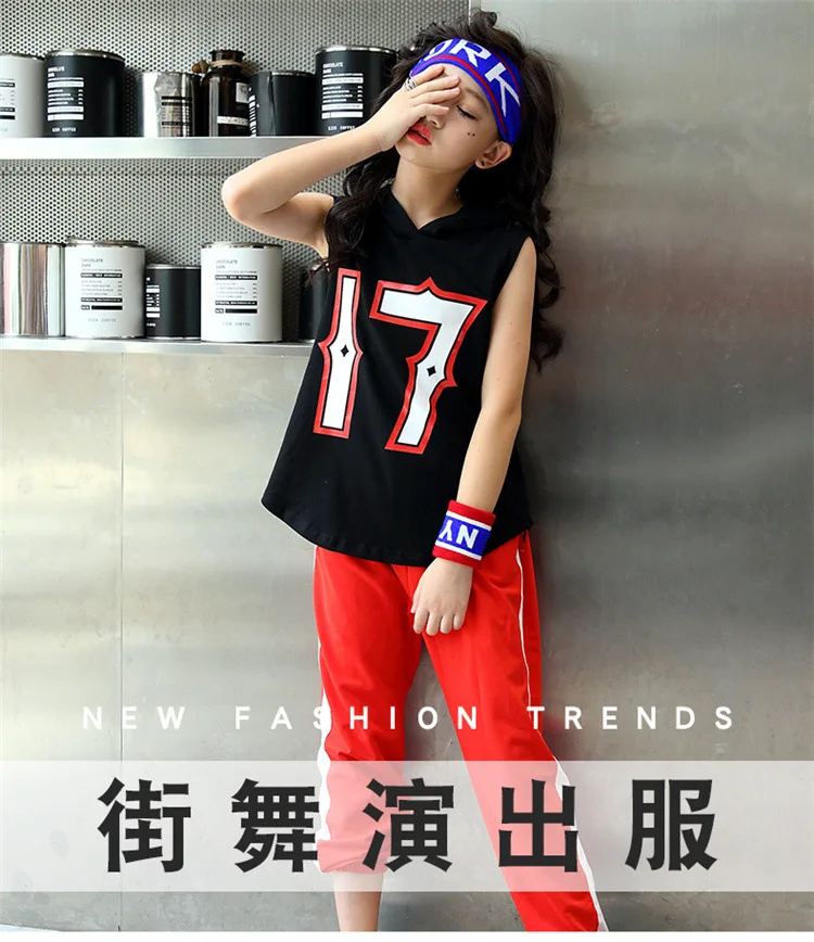 Girls Black long Hoodie Top Sleeveless Red Jogger Pants Jazz Hip Hop Dance Clothes For Kids Teen Girls Summer Sport Suits (2)