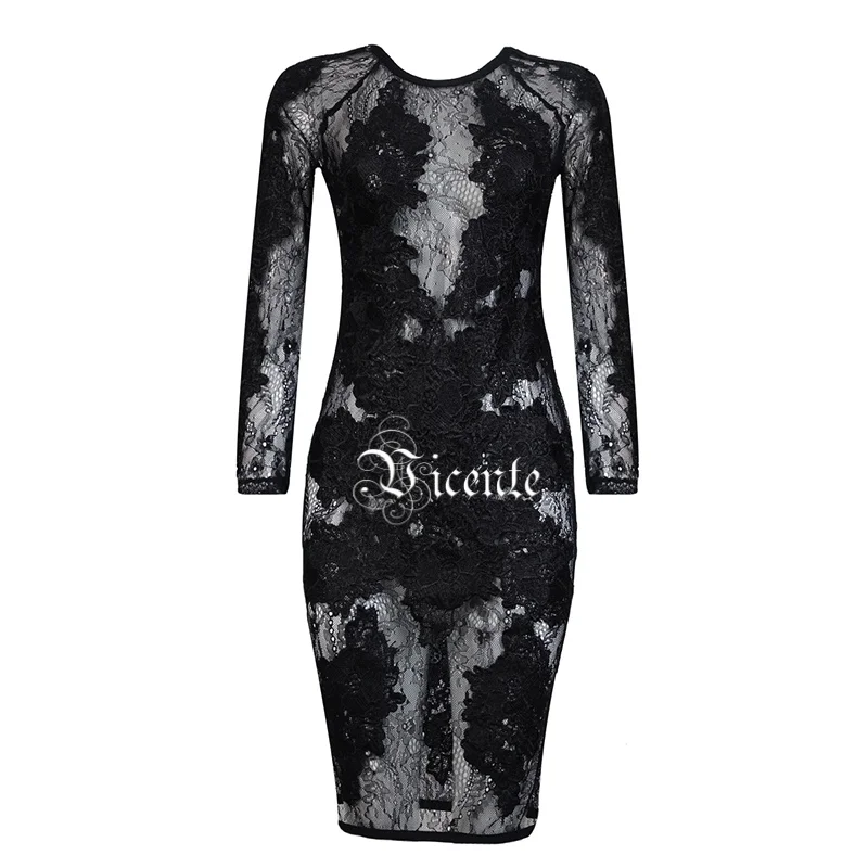 VC все Горячая новинка элегантное цветочное кружевное лоскутное платье с длинными рукавами женские облегающие вечерние платья знаменитостей - Цвет: Черный