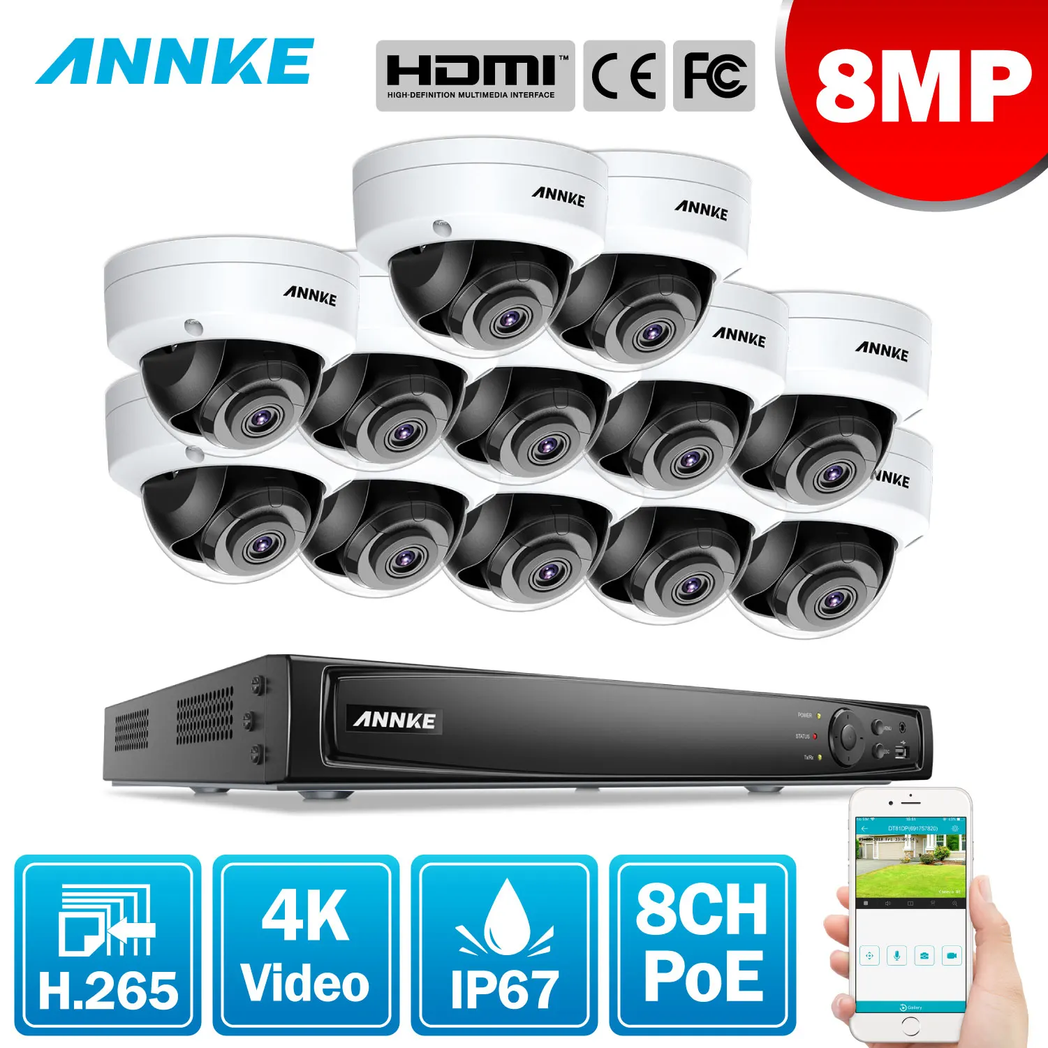 

ANNKE 16CH 4K Ultra HD POE Network Video Security System 8MP H.265 NVR With 12X 8MP 30m EXIR Night Vision Weatherproof IP Camera