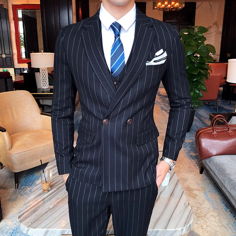 2018 New Striped Bussiness Suits Men (jacket+pants+vest) Double-breasted Slim Fit Party Wedding Dress Suit 
