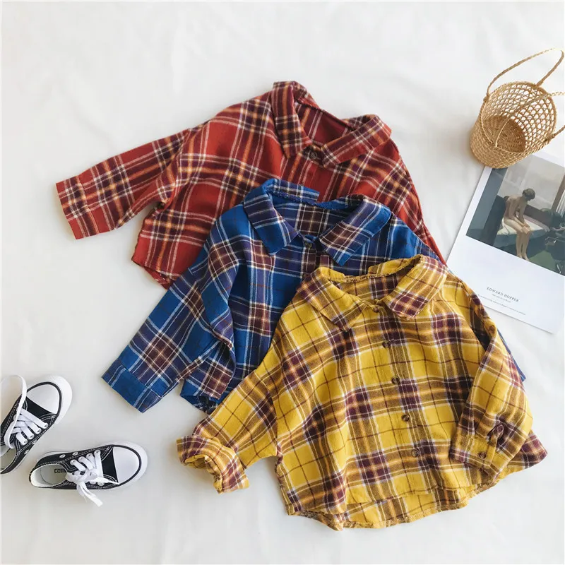 

WLG boys girls spring shirts kids plaid yellow red blue casual shirt baby cotton loose tops children clothes 1-6 years