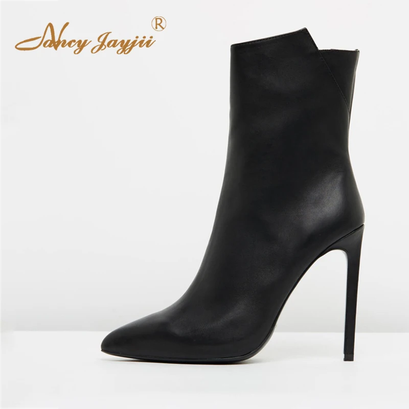 

Black Soft Leather Super High Thin Heels Ankle Boots Women Pointed Toe Zipper For Ladies Spring Autumn Shoes Large Size 11 15