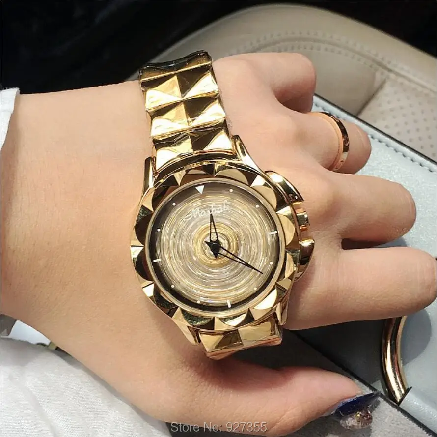 2018 새로운 여성 시계 스테인레스 스틸 시계 레이디 빛나는 회전 복장 시계 큰 다이아몬드 석재 손목 시계 레이디 로즈 골드 시계