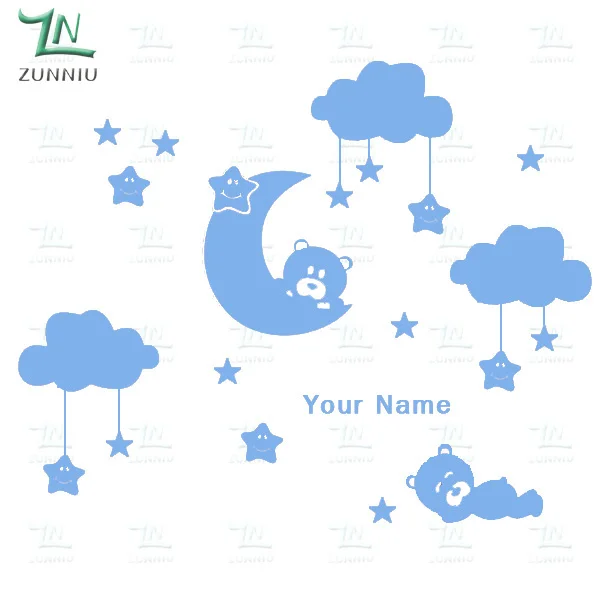 W238 луна и звезды виниловые наклейки для детской комнате персонализированные имя Симпатичные Улыбаясь звезды с белыми облаками детская комната декор - Цвет: Небесно-голубой