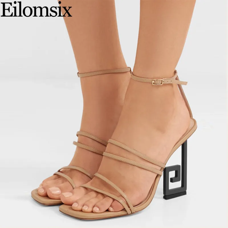 

Asymmetric Metal Heel Sandals Women Sexy PeepToe Ankle Strap Narrow Band High Heel Sandalias Women 2019 Summer Sandals Women