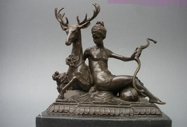 

wholesale factory 15"Western Art 100% Bronze & Marble nude belle on deer Dog statue