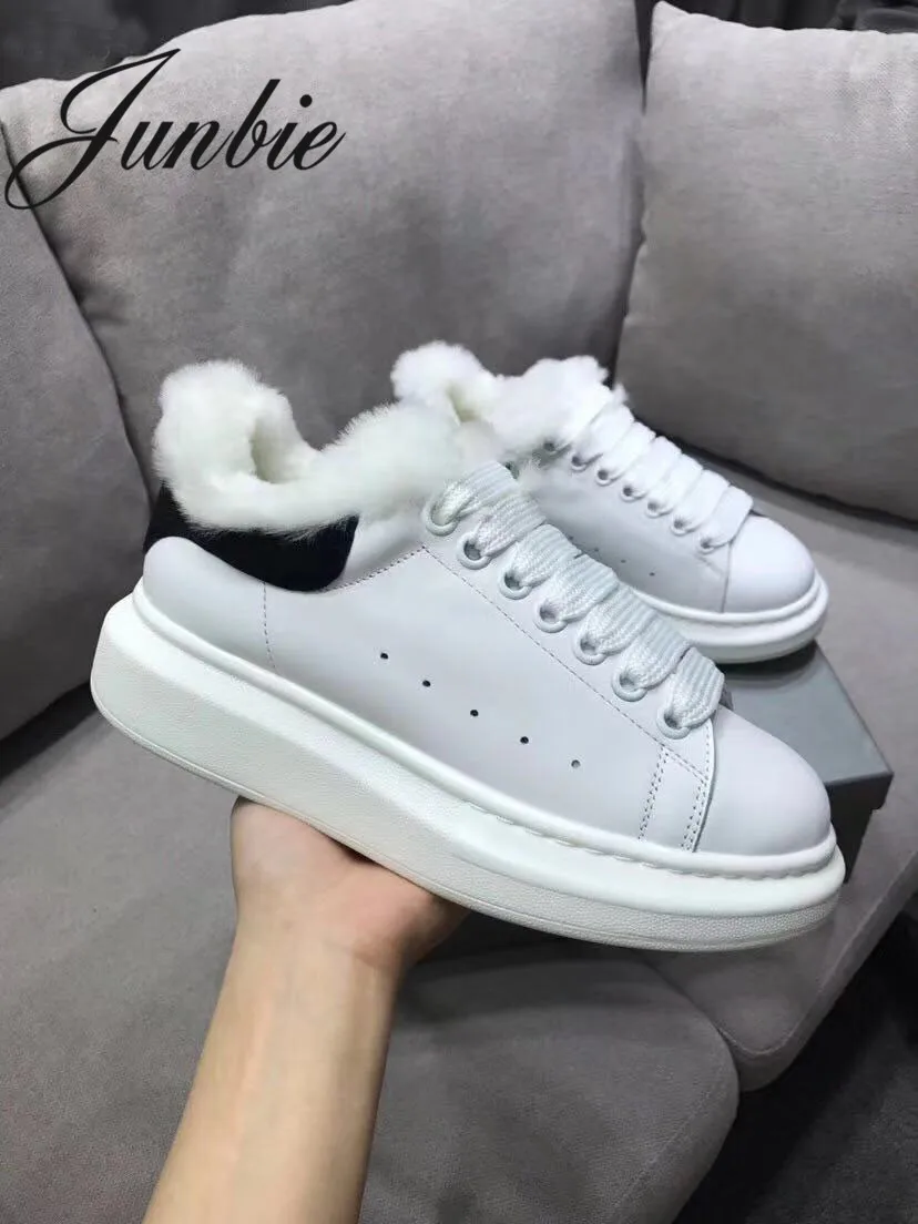 

JUNBIE New Genuine Leather Round Toe Comfortable Warm Boots Lace Up Sheep Wood Snow Warm Flats Boots Warm Shoes