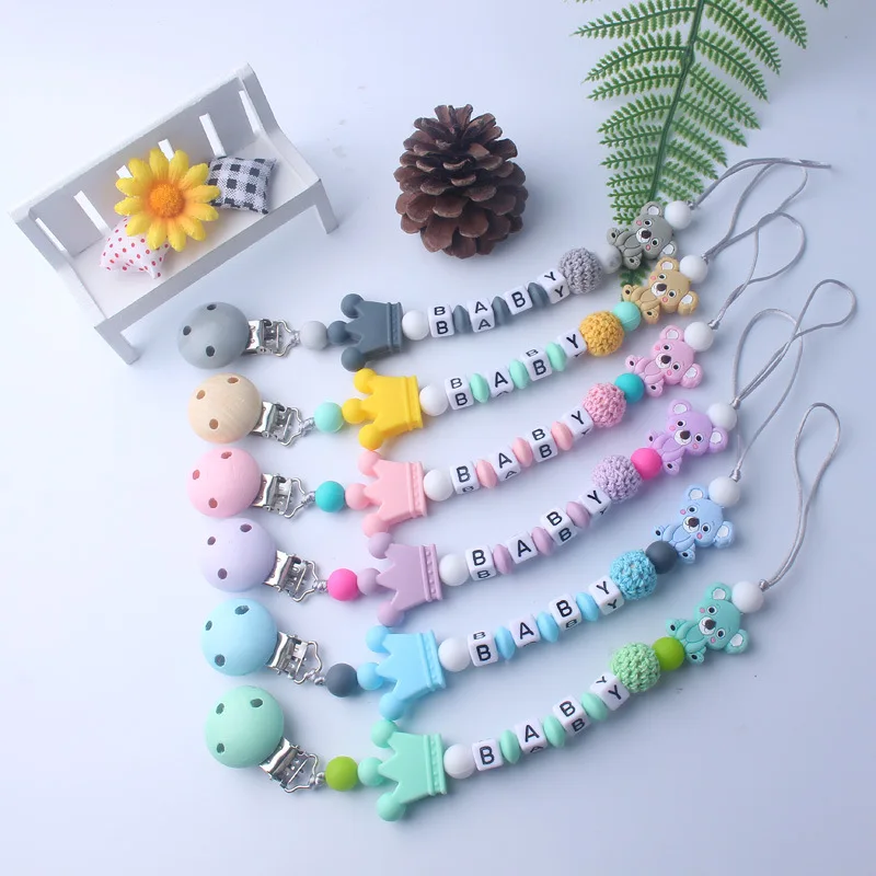 

New Food Grand Baby Pacifier Silicone & Wood Beads Anti-drop Chain Cartoon Animal Pacifier Clips Chains Baby Teething Dummy Clip