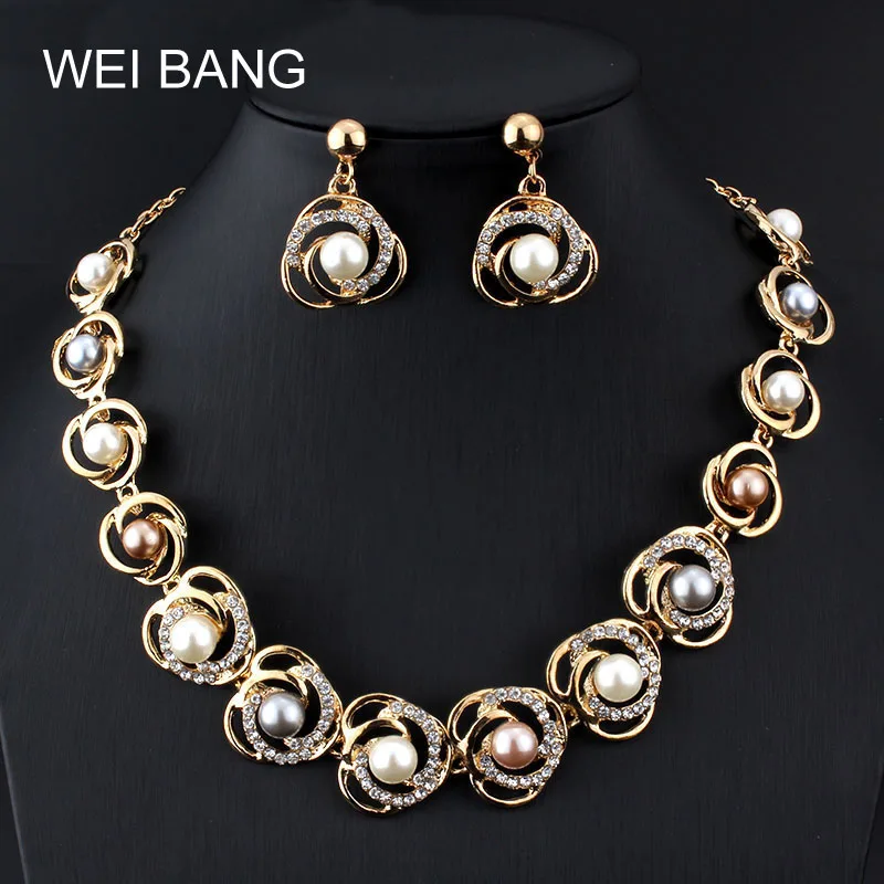 

Weibang African Beads Jewelry Set New Costume Simulated-pearl Necklace Earrings Sets Dubai Gold Color Jewelry Sets For Women