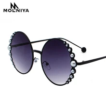 Роскошные круглые солнцезащитные очки больших размеров, женские модные солнцезащитные очки кошачий глаз с жемчугом, винтажные брендовые дизайнерские солнцезащитные очки с металлической оправой
