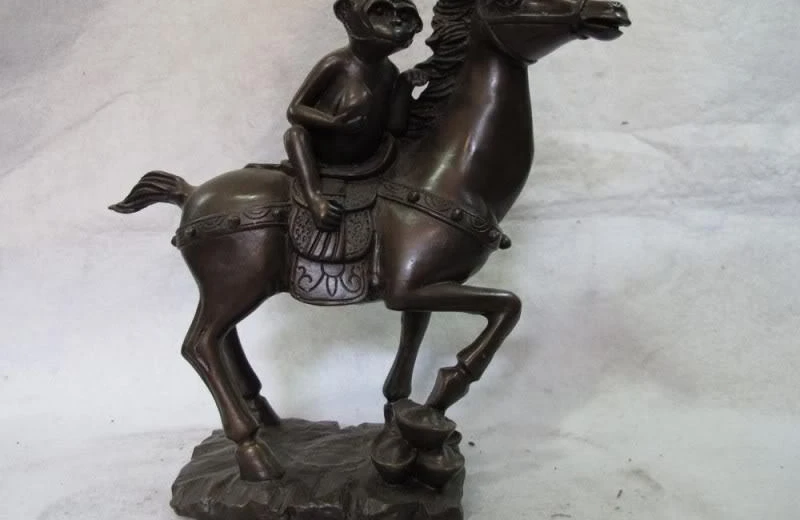 

9.5 Chinese Folk Art sculpture Pure Bronze Copper Monkey Ride on Horse Statue