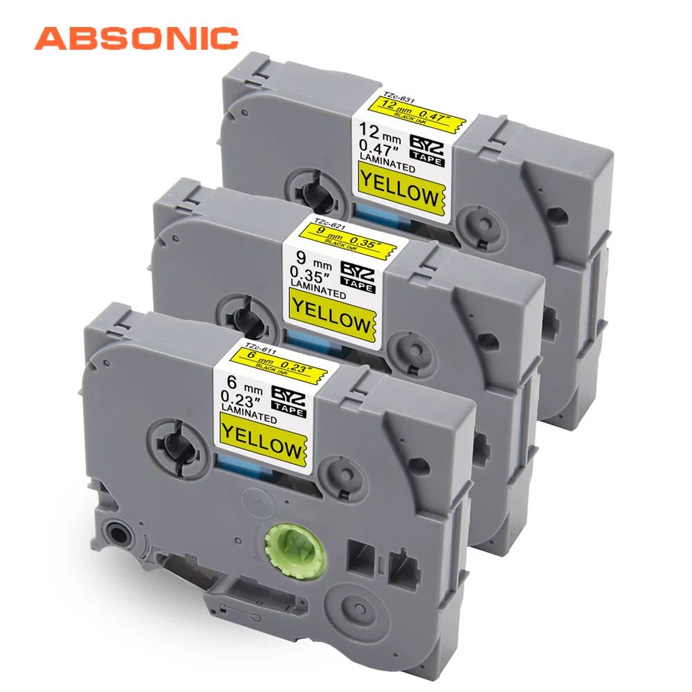 Absoonic 3 шт. TZe лента TZe-611 TZe-621 черный на желтый 6/9/12 мм Lable Лента совместима с Brother P-Touch
