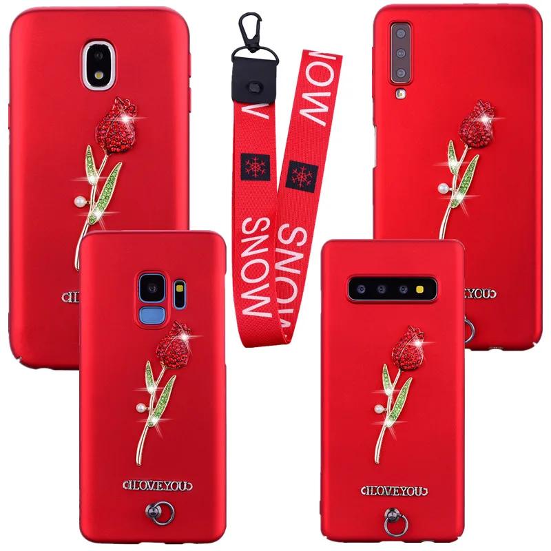 

For Samsung Galaxy S10 S8 S9 Plus A6 A8 J4 J6 Plus A30 A50 J7 prime J5 2017 A9 A7 2018 Phone Case Rose Wrist strap armor Cover