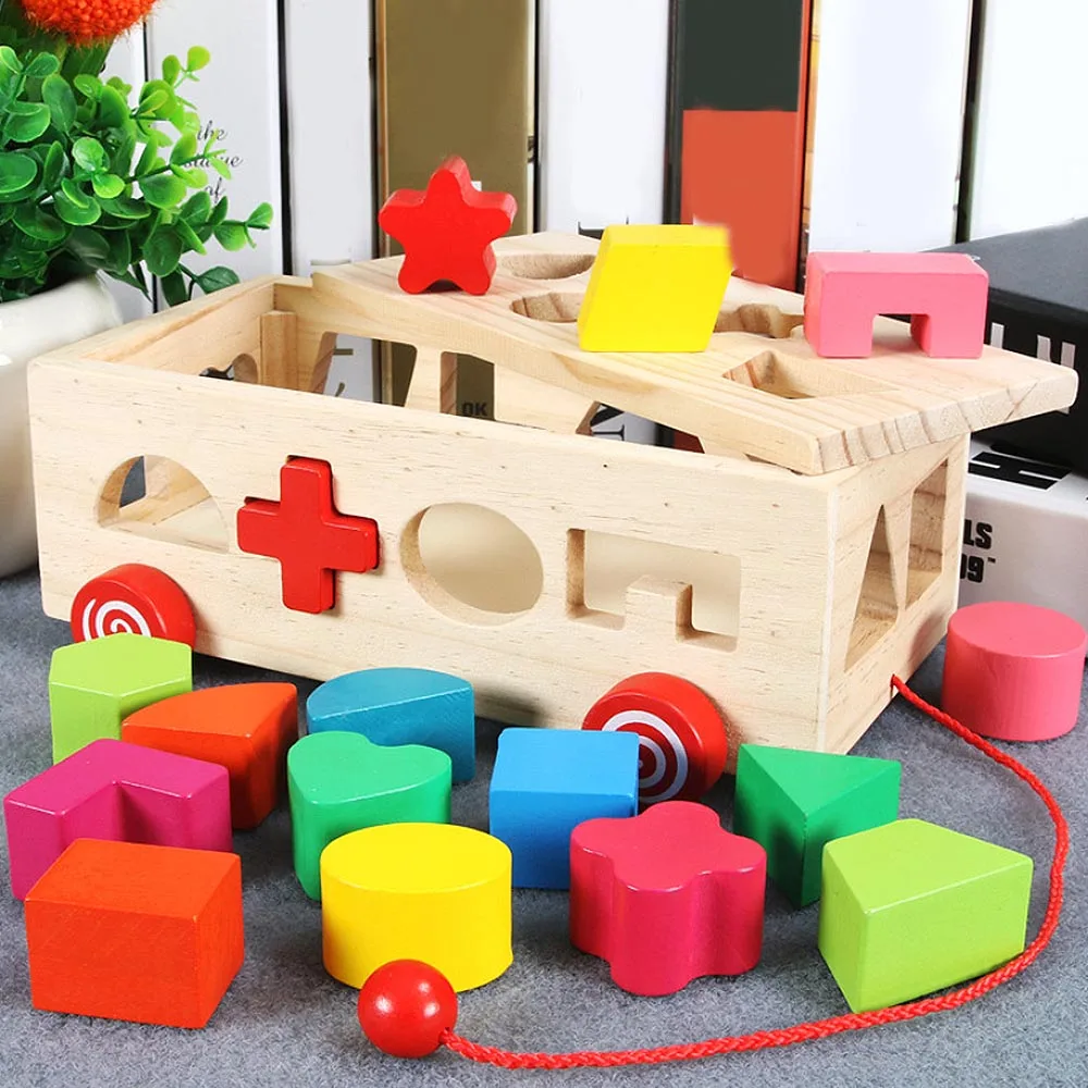 

MrY Vehicle Blocks Colour Congnitive Geometry Matching Blocks Early Educational Toys Wooden Trailer Toys For Children Gift