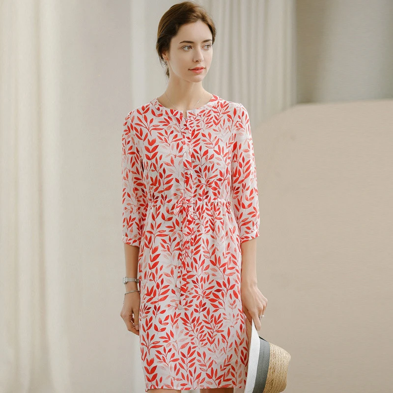 

100% Silk Dress Women Printed High Waist Design O Neck Three-quarter Sleeve 2 Colors Casual Dress Summer New Fashion 2019