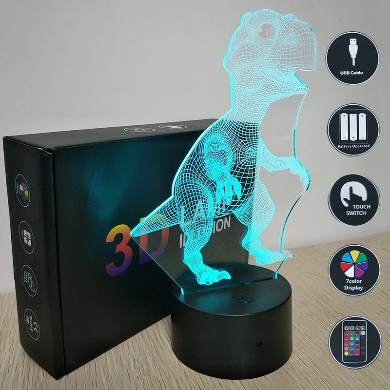 

Dinosaur 3D Light Table Desk Lamp 7 Colors Illusion Touch Control Lights With Acrylic Flat ABS Base USB Cable For Christmas Gift