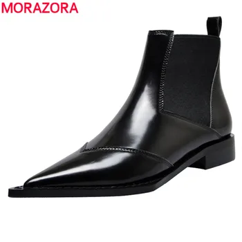 

MORAZORA Genuine leather boots women pointed toe solid black color spring autumn boots high quality ladies shoes ankle boots