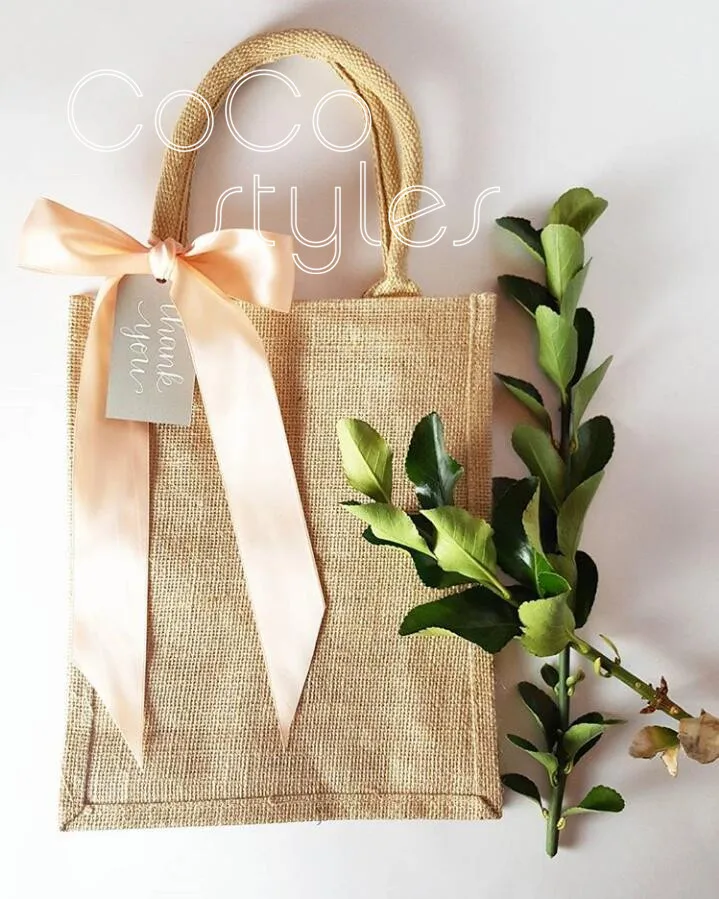 

Cocostyles custom blank rustic ivory ribbon gunny bag with tag for garden wedding event party gift bag