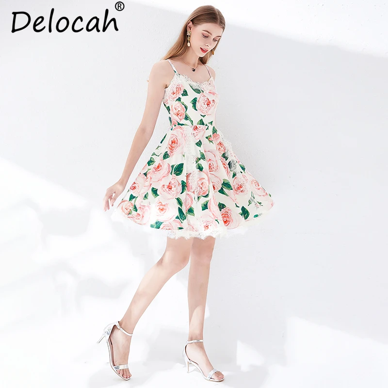 Delocah Summer Women Dress Runway Fashion Designer Sleeveless Backless Lace Floral Print Elegant Casual Spaghetti Strap  Dress