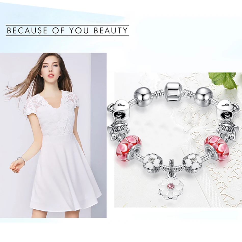 ELESHE Authentic Silver Color Snake Chain DIY Flower Charm Bracelet & Bangle Fashion Jewelry for Women Gift