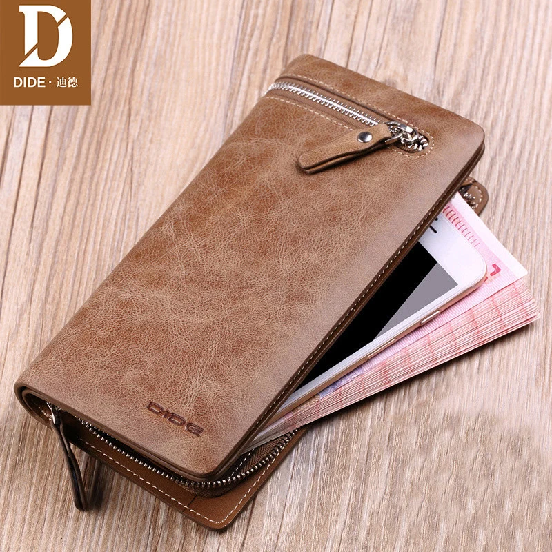 

DIDE 2019 Vintage Clutch Bag Men's Genuine Leather Wallet Male Long Brand id card holder Double Zipper Coin Purse Wallet handbag