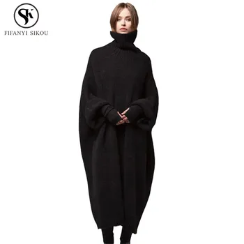 

2018 Autumn Winter Thicken Long Turtleneck Knitted Sweater Dress women Solid color Casual Warm Plus size Pullover Sweaters LP215