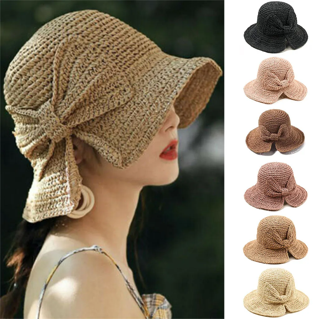 

Straw Summer Hats Women Ladies Fashion Foldable Beach Sun Hat Brimmed sombrero de pescador bucked hat