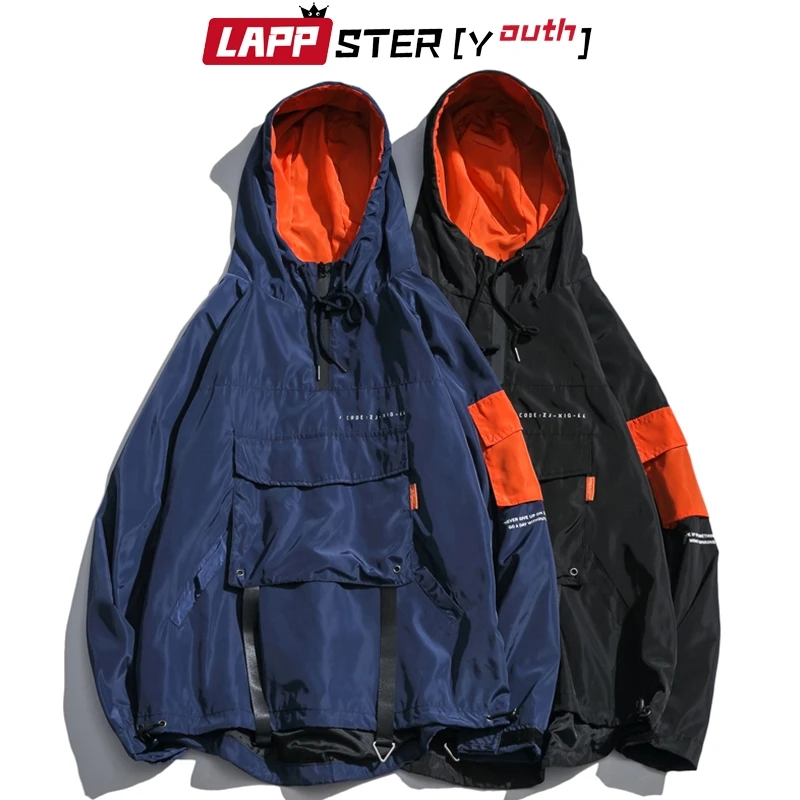 LAPPSTER-Youth мужская Японская уличная куртка-бомбер с капюшоном хип-хоп ветровка куртка с капюшоном, пальто плюс размер черный Винтаж