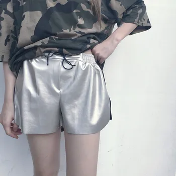 

Korean Style Harajuku Punk Women Sexy PU Leather Tie Shorts High Waist Rave Shorts Loose Silver Patchwork Elastic Shorts Female