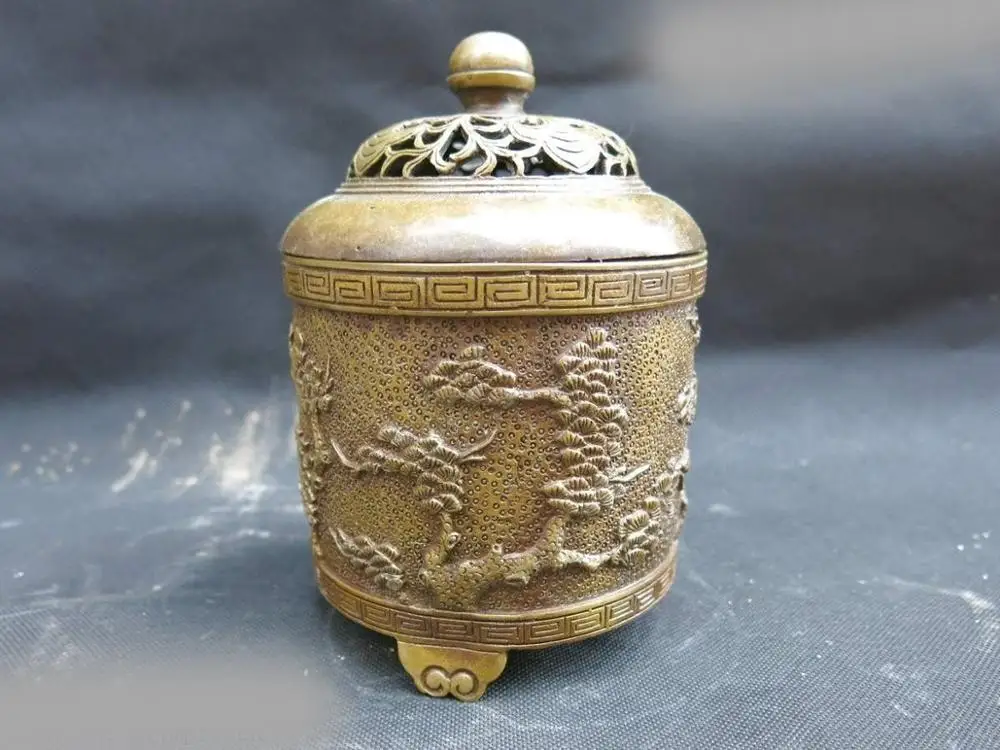 

DS China brass copper carved finely pine tree Incense Burner Sculpture Statue