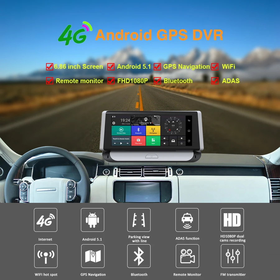 Olysine 4G Автомобильный видеорегистратор GPS Android 5 0 ADAS 7 дюймов Автомобильная камера