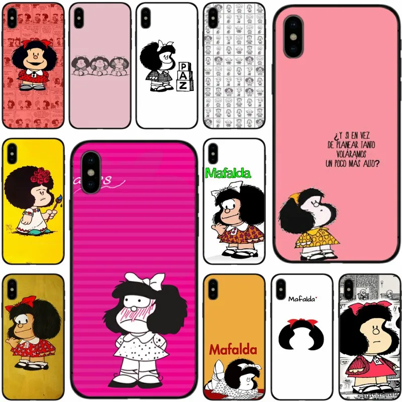 Mafalda милый чехол мягкий силиконовый черный ТПУ для телефона iPhone 5 5C 5S SE 6 6plus 7plus 8 8plus