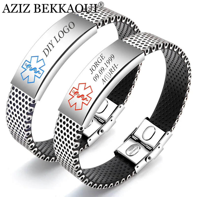 

AZIZ BEKKAOUI Engraving Medical Alert ID Identification Bracelet for Men Women Silicone Stainless Steel Emergency Remind Jewelry