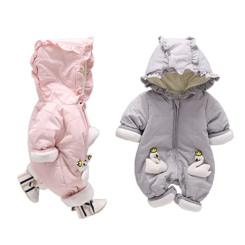 

Baby girl romper winter thick warm cartoon swan Ruffle Ruched hoodie newborn baby outwear solid pink gray color baby clothing