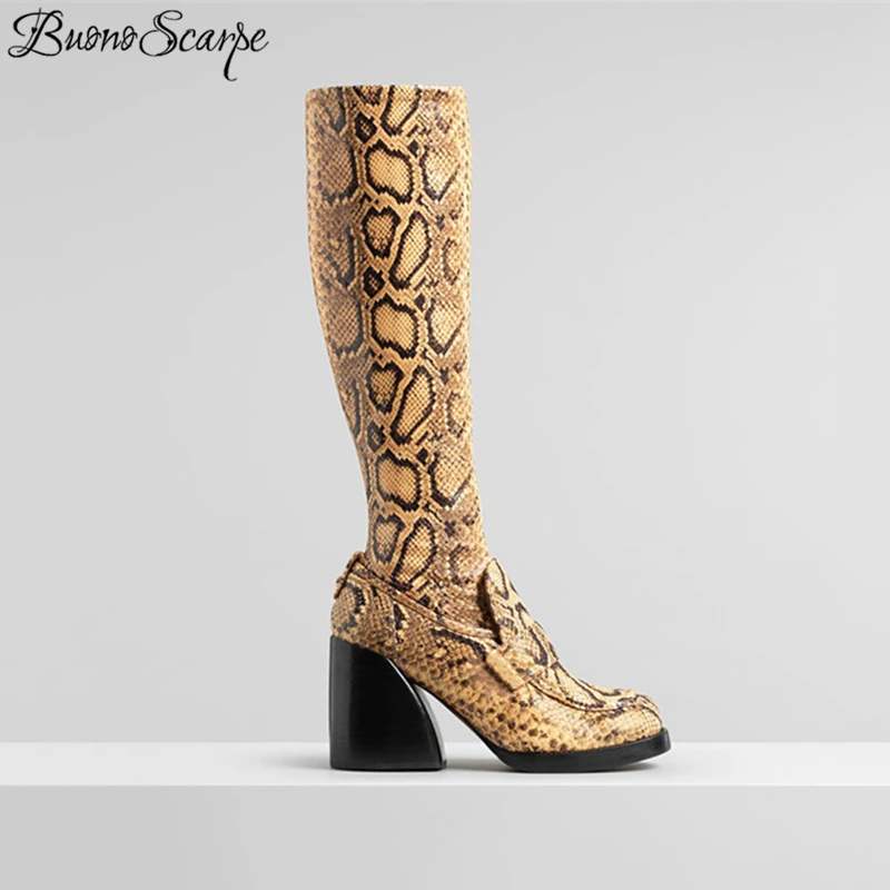 Buono Scarpe/женские ботинки с животным принтом; кожаные женские ботинки; Botas Fenimina; женские ботинки на массивном каблуке со змеиным принтом; Botas Mujer