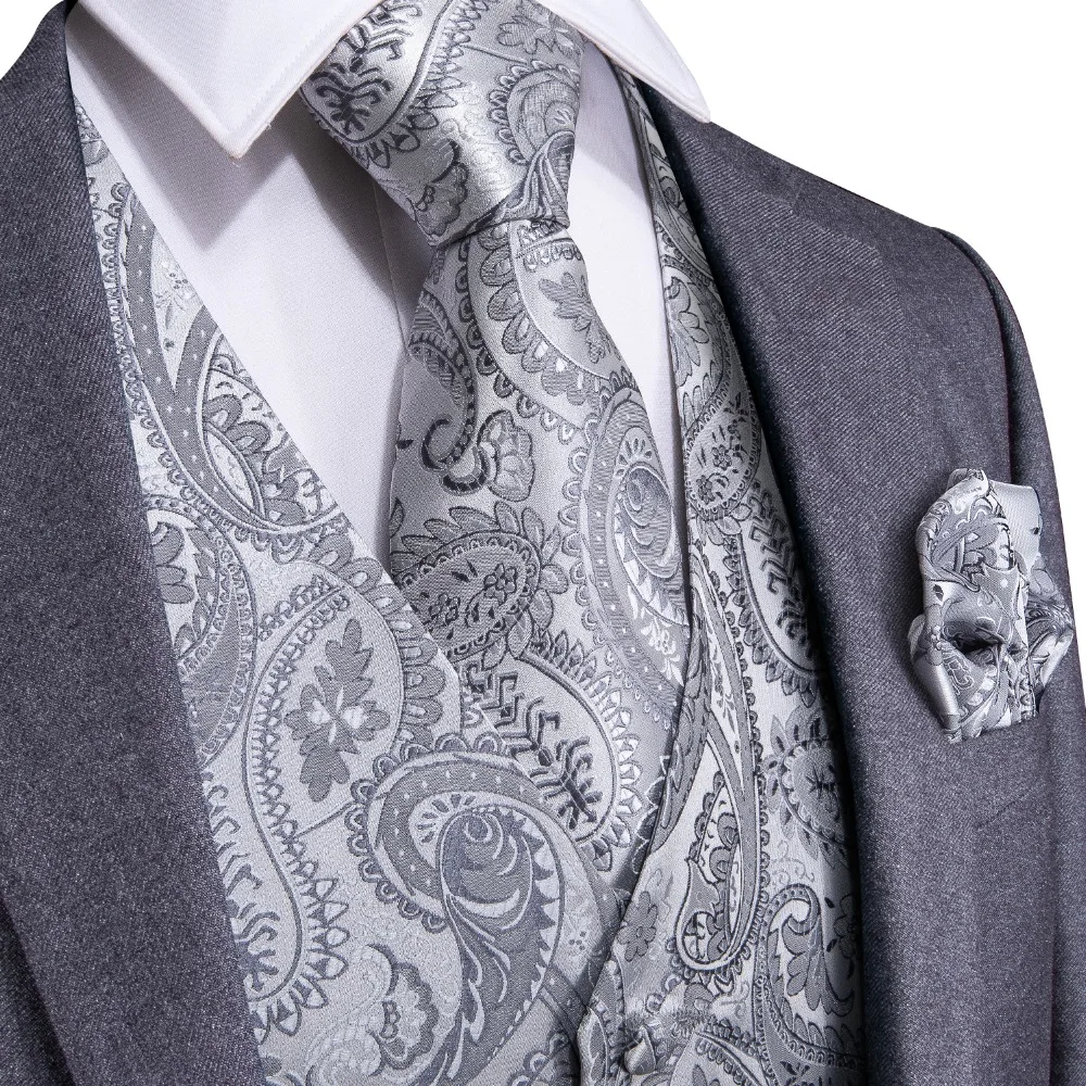 

DiBanGu Silver Paisley Top Design Wedding Men 100%Silk Waistcoat Vest Ties Hanky Cufflinks Cravat Set for Suit Tuxedo MJTZ-103