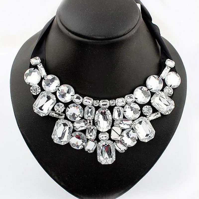 

Adjustable Ribbon Exaggerated Big Colorful Crystal Statement Necklaces For Women Geometric Choker collar Jewelry