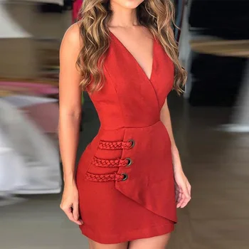 

Women Sexy Deep V -cut Sleeves Bodycon Dress Female Eyelashes &braided Wrap Mini Summer Dress Office Dame Casual Dress 2019