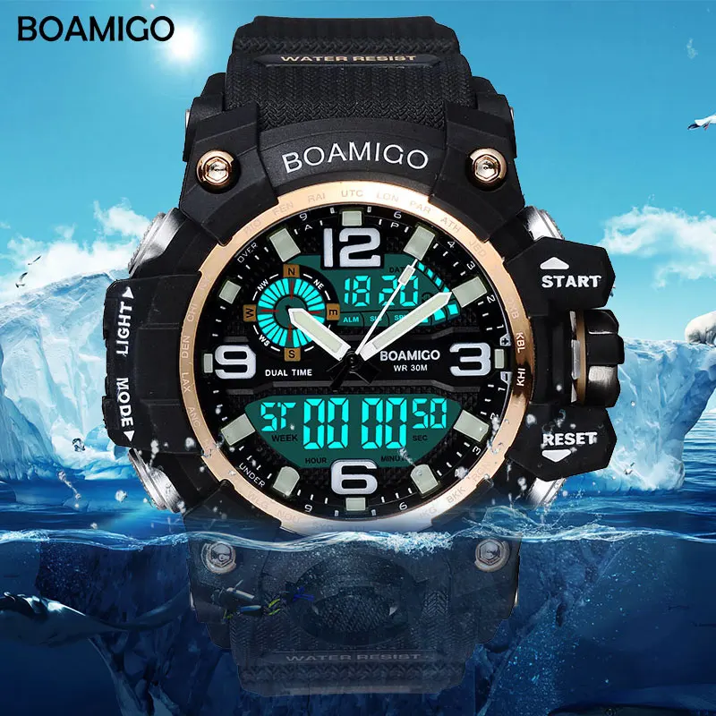 Online BOAMIGO de los hombres de la marca de relojes deportivos LED Digital analógico reloj de pulsera nadar impermeable de goma amarillo regalo reloj Relogios Masculino