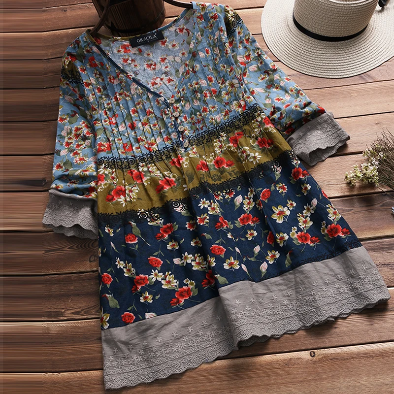 

2019 Women Autumn Floral Printed Blouse V Neck 3/4 Sleeve Female Cotton Linen Flower Top Vintage Lace Patchwork Loose Shirt