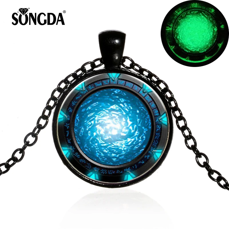 

SONGDA Novelty Glow In The Dark SGA Necklace Steampunk Magic Stargate Atlantis 3D Effect Glass Cabochon Long Necklace Fans Gift