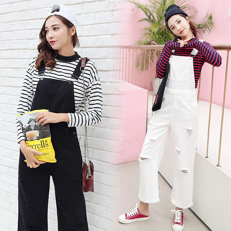 

S-XL 2 colors 2018 autumn Womens Denim Jumpsuits Overalls korean chic style white black wide led jumpsuits Jeans womens (C8359)