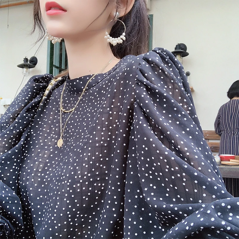  Mishow 2019 summer new collection slash neck lantern sleeve white dots chiffon cute blouses women s