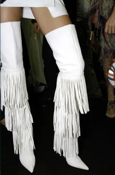 

New Fall winter white color tassels thigh high boots for woman side zipper pointed toe stiletto high heels over the knee boots