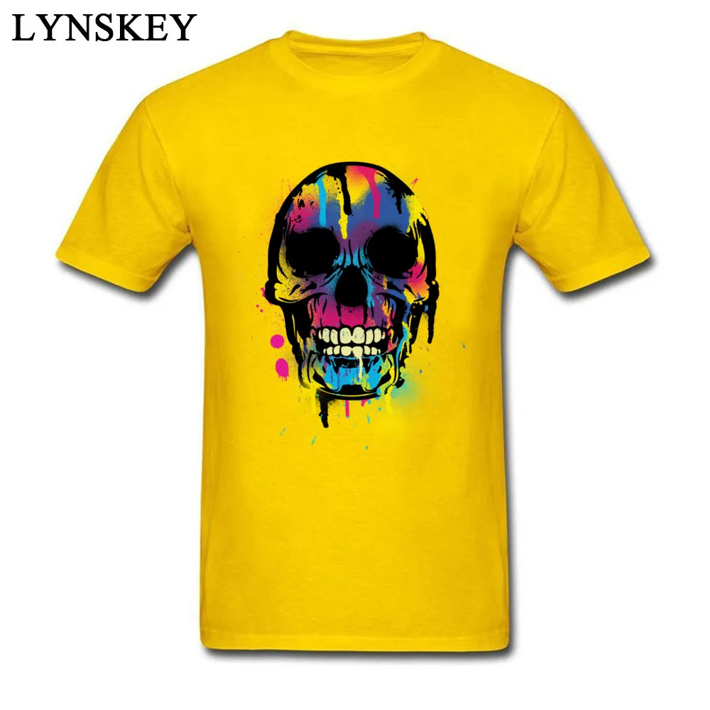 Custom O-Neck Boy T-shirts Summer Gift Tops Tees Short Sleeve Retro 100% Cotton Design Tee Shirts Top Quality Skull with Colorful Drips And Paint Splatters yellow