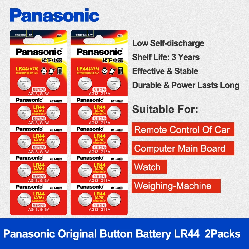 Щелочные кнопочные батареи Panasonic 20 шт./лот LR44 1 5 в литиевые монетные A76 AG13 G13A LR1154 357A
