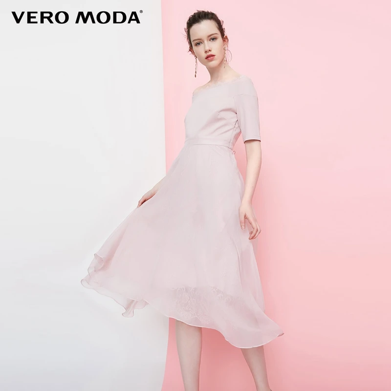 Vero Moda 2019 Spliced Lace Boat Neck Elbow Sleeves Dress