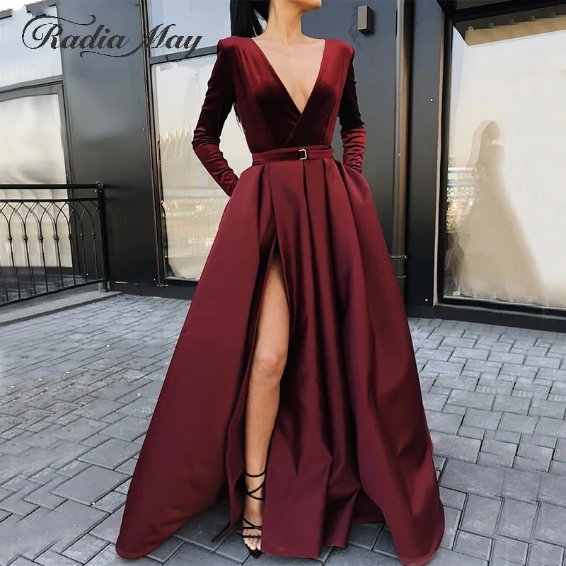

Elegant Long Sleeves Velvet Burgundy Evening Dress with Pockets 2019 Sexy Deep V-Neck Black Long Satin Prom Dresses with Slit