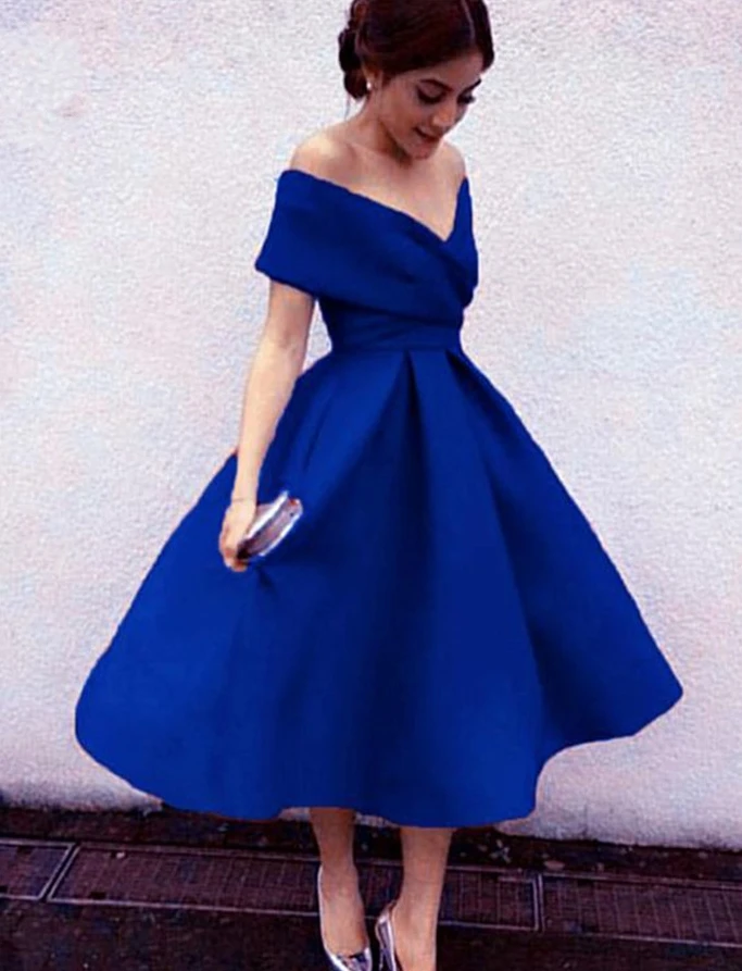 

robe de soriee Ball Gown 2020 Hot Sale Tea Length Off Shoulder Evening Party Dresses with Pleat Prom Formal Dress Homecoming
